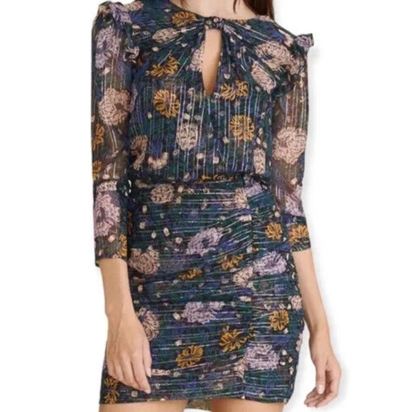 NWT VERONICA BEARD US 12 Peppa Floral Metallic Black Silk Chiffon Mini Dress - Picture 4 of 7